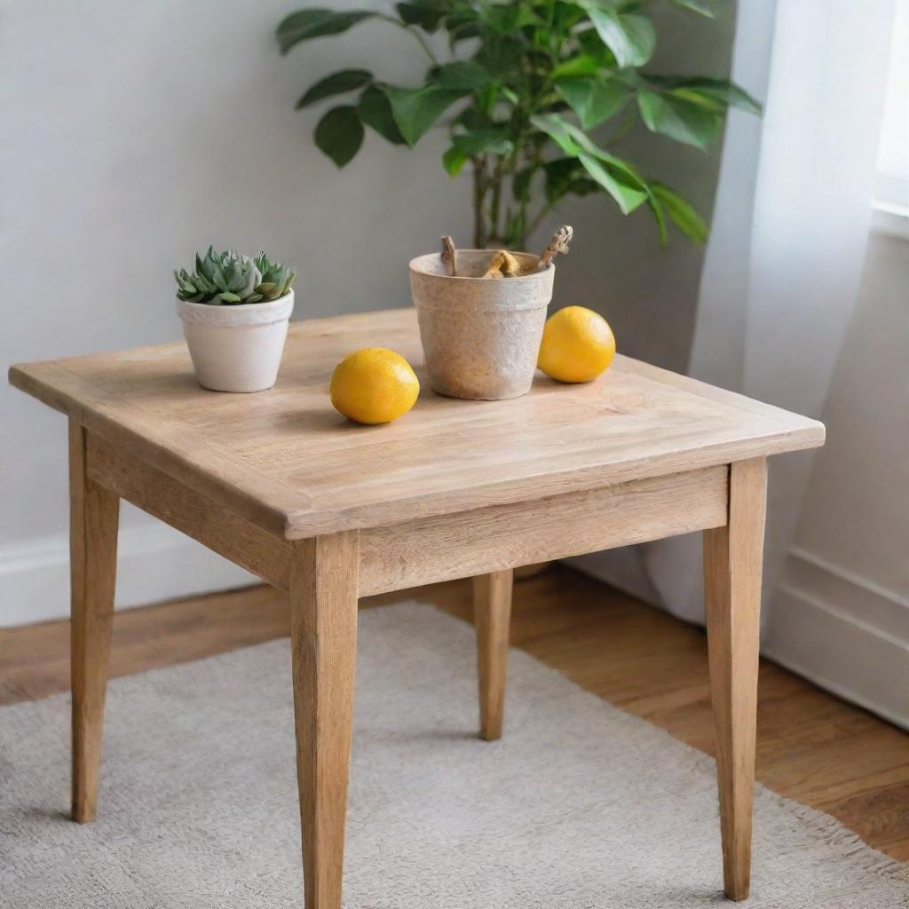 A charming and adorable wooden table adorned with little crafted details, displaying both functionality and whimsy in a bright, welcoming atmosphere.