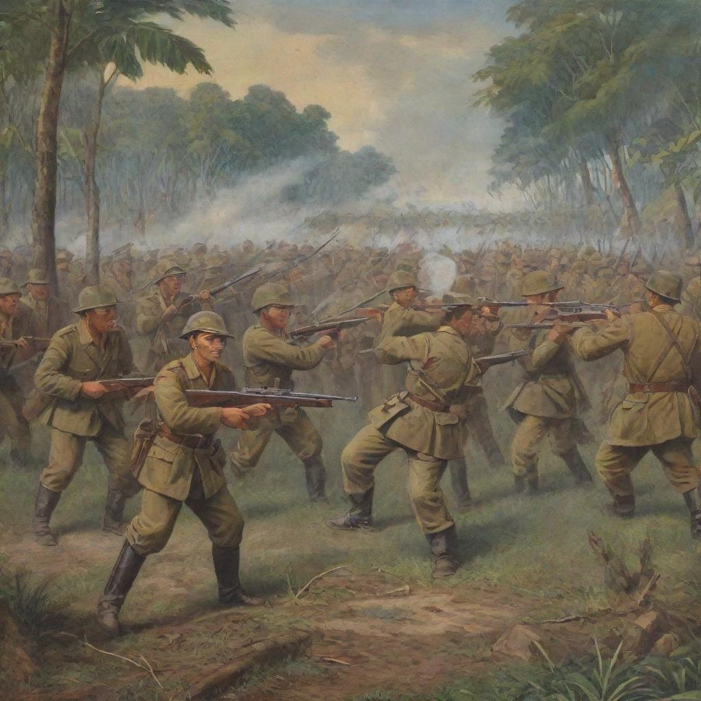 Historical depiction of the Indonesian war for independence against the Netherlands, showcasing Indonesian freedom fighters and Dutch colonial forces in a tense standoff, scenery accurate to the 1940s era.