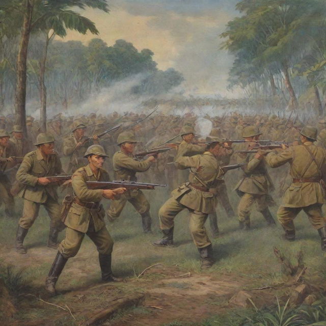 Historical depiction of the Indonesian war for independence against the Netherlands, showcasing Indonesian freedom fighters and Dutch colonial forces in a tense standoff, scenery accurate to the 1940s era.