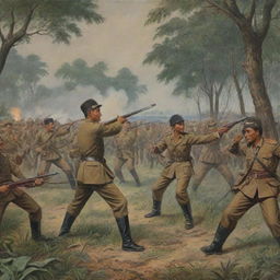 Historical depiction of the Indonesian war for independence against the Netherlands, showcasing Indonesian freedom fighters and Dutch colonial forces in a tense standoff, scenery accurate to the 1940s era.