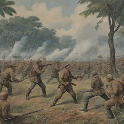 Historical depiction of the Indonesian war for independence against the Netherlands, showcasing Indonesian freedom fighters and Dutch colonial forces in a tense standoff, scenery accurate to the 1940s era.