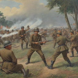 Historical depiction of the Indonesian war for independence against the Netherlands, showcasing Indonesian freedom fighters and Dutch colonial forces in a tense standoff, scenery accurate to the 1940s era.