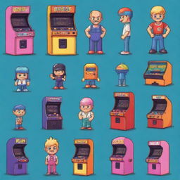 Create a set of vibrant and fun characters designed for an old-school arcade game, each with their distinct appearance and unique abilities.