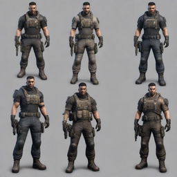 Design a diverse group of intense and gritty characters suitable for a first-person shooter game, each equipped with their own specialized gear and weapon.