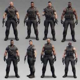 Design a diverse group of intense and gritty characters suitable for a first-person shooter game, each equipped with their own specialized gear and weapon.