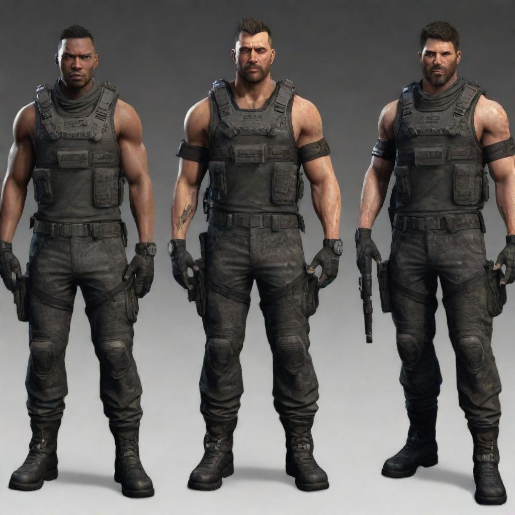 Design a diverse group of intense and gritty characters suitable for a first-person shooter game, each equipped with their own specialized gear and weapon.