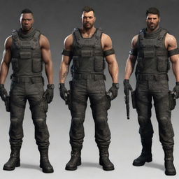 Design a diverse group of intense and gritty characters suitable for a first-person shooter game, each equipped with their own specialized gear and weapon.