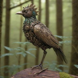 A mechanical bird with intricate gears and polished bronze feathers, perched on a weathered branch in a vivid, verdant forest.