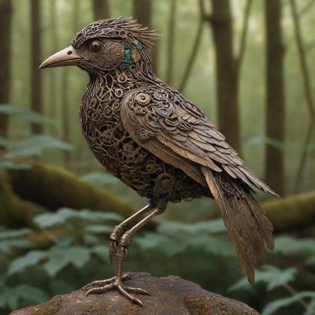 A mechanical bird with intricate gears and polished bronze feathers, perched on a weathered branch in a vivid, verdant forest.