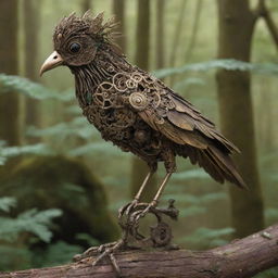 A mechanical bird with intricate gears and polished bronze feathers, perched on a weathered branch in a vivid, verdant forest.