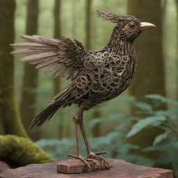 A mechanical bird with intricate gears and polished bronze feathers, perched on a weathered branch in a vivid, verdant forest.