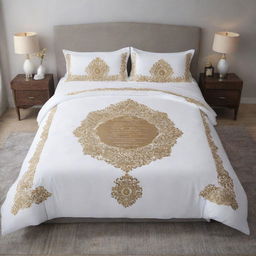 A luxurious royal bedding set, detailed interiors surrounding a fancy bed with someone peacefully laying on it, and an elegant inscription embellished on the headboard.