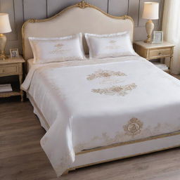 A luxurious royal bedding set, detailed interiors surrounding a fancy bed with someone peacefully laying on it, and an elegant inscription embellished on the headboard.