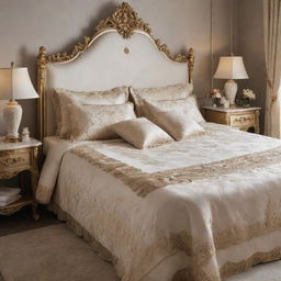 A luxurious royal bedding set, detailed interiors surrounding a fancy bed with someone peacefully laying on it, and an elegant inscription embellished on the headboard.