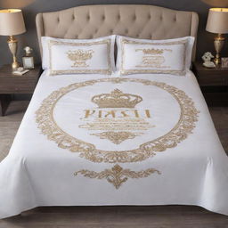 A luxurious royal bedding set, detailed interiors surrounding a fancy bed with someone peacefully laying on it, and an elegant inscription embellished on the headboard.