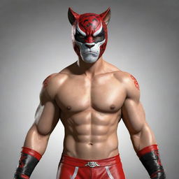 Create an image of King, the iconic character from the Tekken videogame series, in his wrestler outfit with his signature jaguar mask.