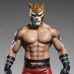 Create an image of King, the iconic character from the Tekken videogame series, in his wrestler outfit with his signature jaguar mask.