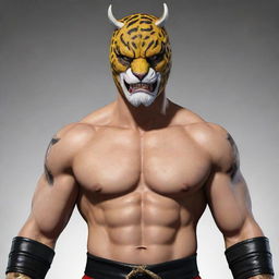 Create an image of King, the iconic character from the Tekken videogame series, in his wrestler outfit with his signature jaguar mask.