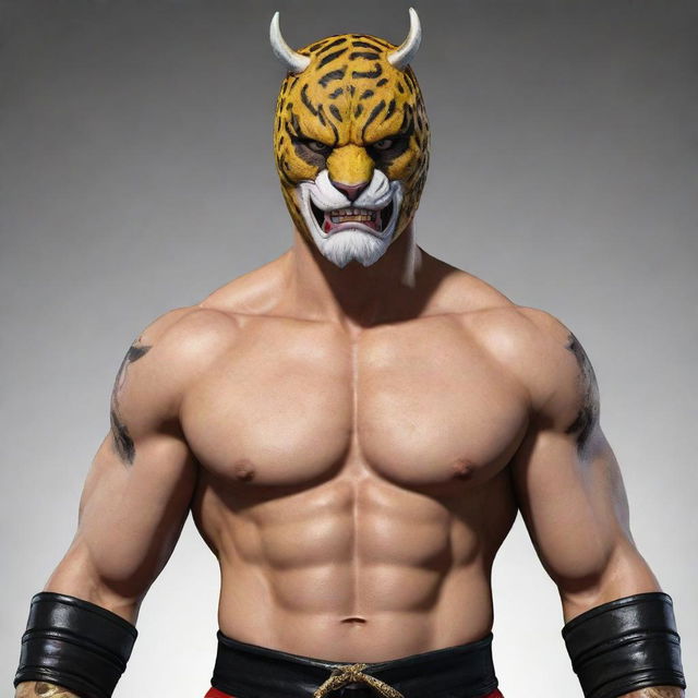 Create an image of King, the iconic character from the Tekken videogame series, in his wrestler outfit with his signature jaguar mask.