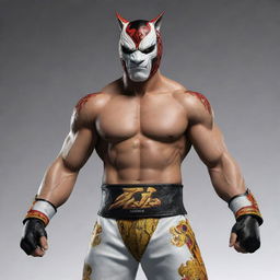 Create an image of King, the iconic character from the Tekken videogame series, in his wrestler outfit with his signature jaguar mask.