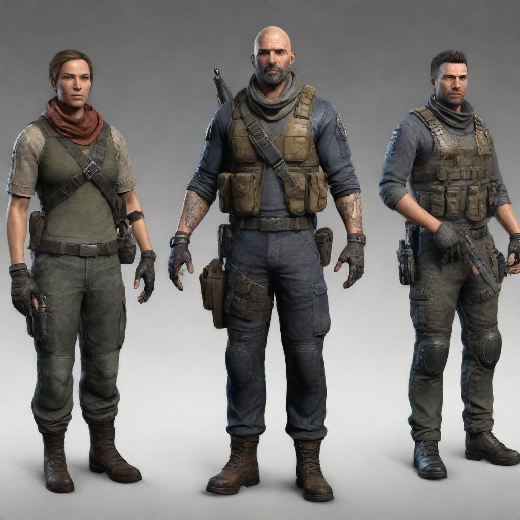 Create an array of characters for an adventure first-person shooter, each showing unique traits, adventurous attire with suitable weapons representing their personality and role.