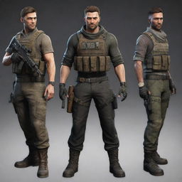 Create an array of characters for an adventure first-person shooter, each showing unique traits, adventurous attire with suitable weapons representing their personality and role.