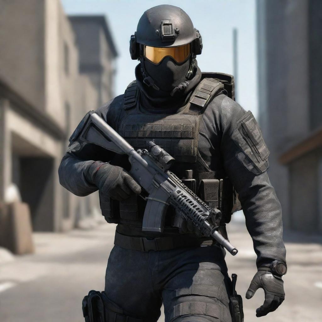 Generate a detailed image of a character specially designed for a first-person shooter game, complete with tactical gear, weaponry, and an impressive, resilient demeanor.