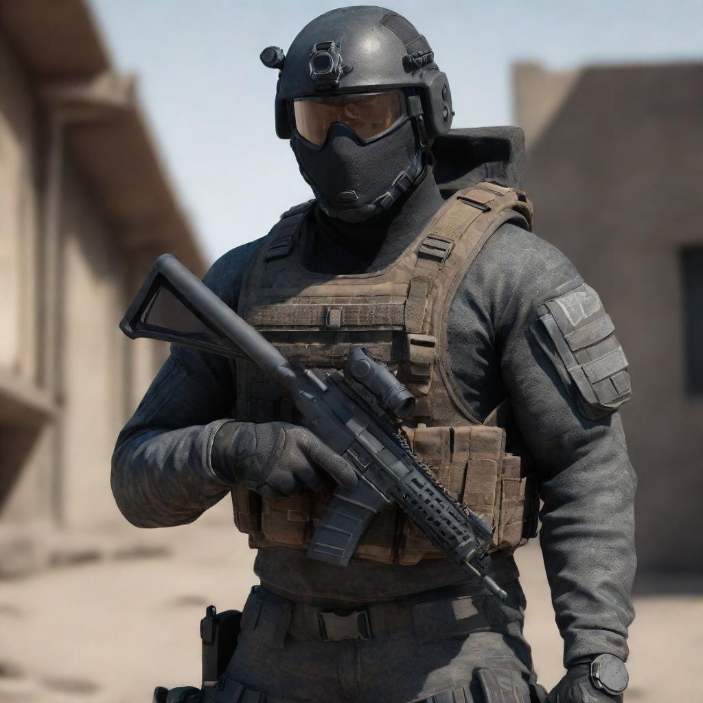 Generate a detailed image of a character specially designed for a first-person shooter game, complete with tactical gear, weaponry, and an impressive, resilient demeanor.