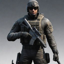 Generate a detailed image of a character specially designed for a first-person shooter game, complete with tactical gear, weaponry, and an impressive, resilient demeanor.