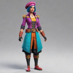 Design a dynamic character designed for a multiplayer game, featuring unique outfit, accessories, and vibrant colours, signifying their exclusive skills and traits.