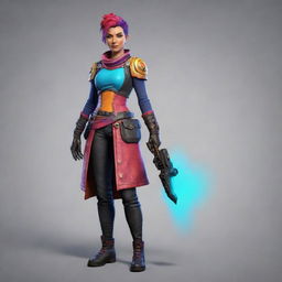 Design a dynamic character designed for a multiplayer game, featuring unique outfit, accessories, and vibrant colours, signifying their exclusive skills and traits.