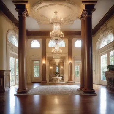 The tall columns and the grand chandeliers give the mansion a sense of loftiness and grandeur.