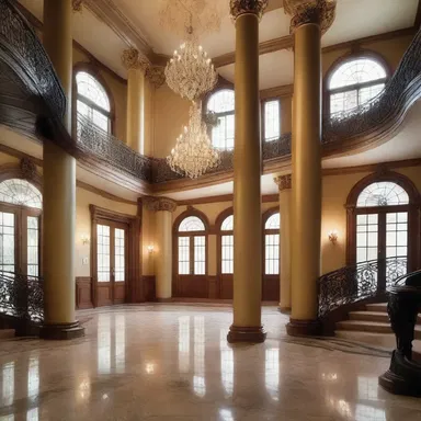 The tall columns and the grand chandeliers give the mansion a sense of loftiness and grandeur.