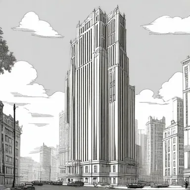In the cartoon, the tall building was drawn with exaggerated proportions, making it appear grandiloquent and imposing.