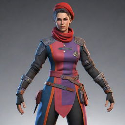 Design a dynamic character designed for a multiplayer game, featuring unique outfit, accessories, and vibrant colours, signifying their exclusive skills and traits.