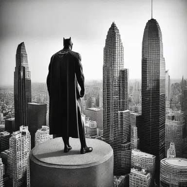 The superhero stood tall on top of the skyscraper, showcasing his grandiloquent presence to the city.