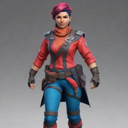 Design a dynamic character designed for a multiplayer game, featuring unique outfit, accessories, and vibrant colours, signifying their exclusive skills and traits.