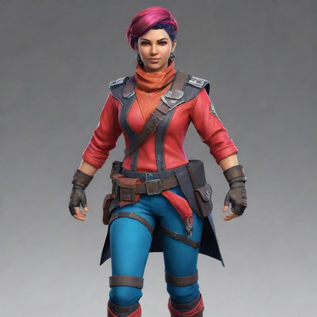 Design a dynamic character designed for a multiplayer game, featuring unique outfit, accessories, and vibrant colours, signifying their exclusive skills and traits.