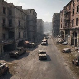 Produce a detailed image of a battleground scene appropriate for a first-person shooter game, incorporating elements like barricades, ruined buildings or stranded vehicles.