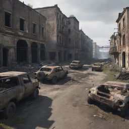 Produce a detailed image of a battleground scene appropriate for a first-person shooter game, incorporating elements like barricades, ruined buildings or stranded vehicles.