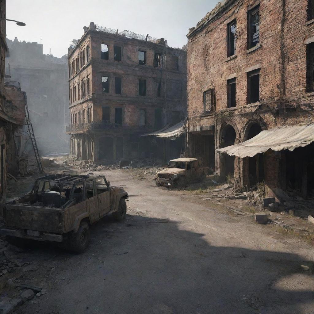 Produce a detailed image of a battleground scene appropriate for a first-person shooter game, incorporating elements like barricades, ruined buildings or stranded vehicles.