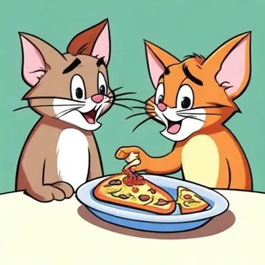 In the cartoon, Tom and Jerry engage in humorous situations involving feeding each other funny-looking food.