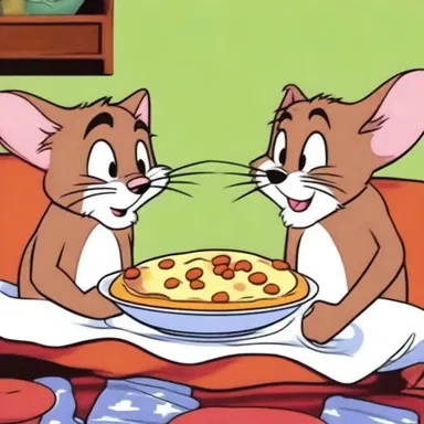 In the cartoon, Tom and Jerry engage in humorous situations involving feeding each other funny-looking food.