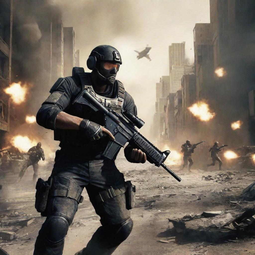 Create a compelling wallpaper representing a first-person shooter game, showcasing intense action scenes with characters, weaponry and a war-torn background.