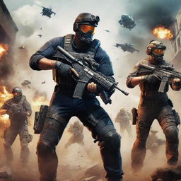 Design a vibrant and adrenaline-filled wallpaper for a first-person shooter multiplayer game, featuring various characters geared up, with hints of a war-ridden backdrop and swirling action sequences.