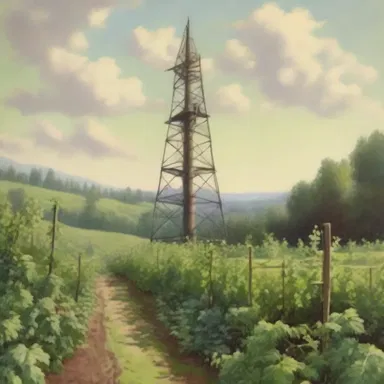 The artist depicted a beautiful landscape with a hop pole standing tall amidst the lush hop garden.