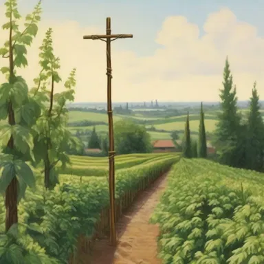 The artist depicted a beautiful landscape with a hop pole standing tall amidst the lush hop garden.