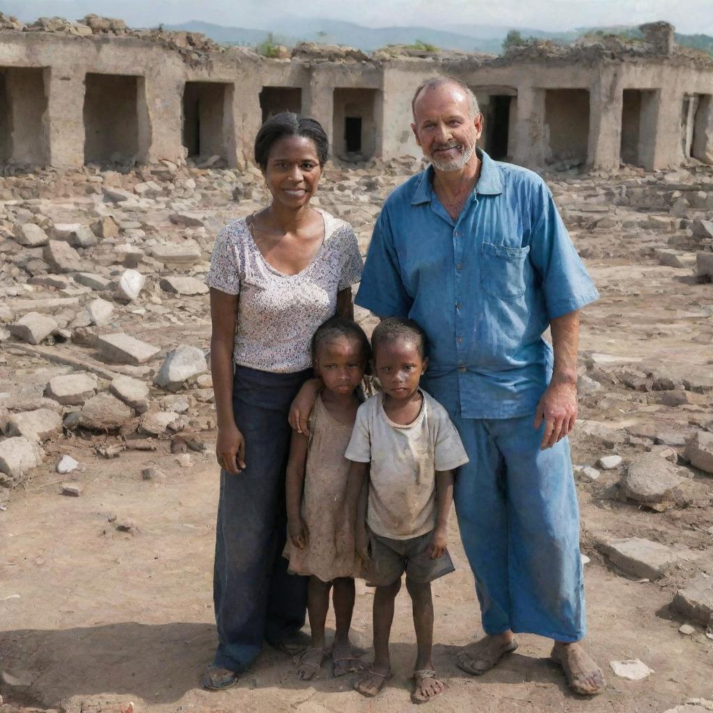 A man, a woman and a child standing amidst the ruins of a battle-scarred village, demonstrating resilience and hope amidst devastation.