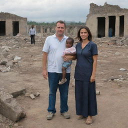 A man, a woman and a child standing amidst the ruins of a battle-scarred village, demonstrating resilience and hope amidst devastation.