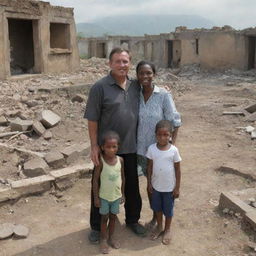 A man, a woman and a child standing amidst the ruins of a battle-scarred village, demonstrating resilience and hope amidst devastation.